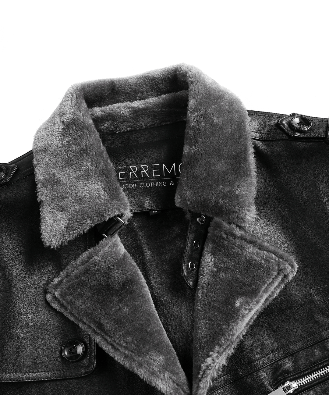 Model looking tough in the men's rugged black winter coat, suitable for extreme cold outdoor wear
