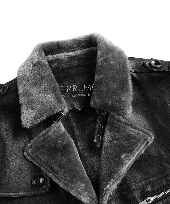 Model looking tough in the men's rugged black winter coat, suitable for extreme cold outdoor wear
