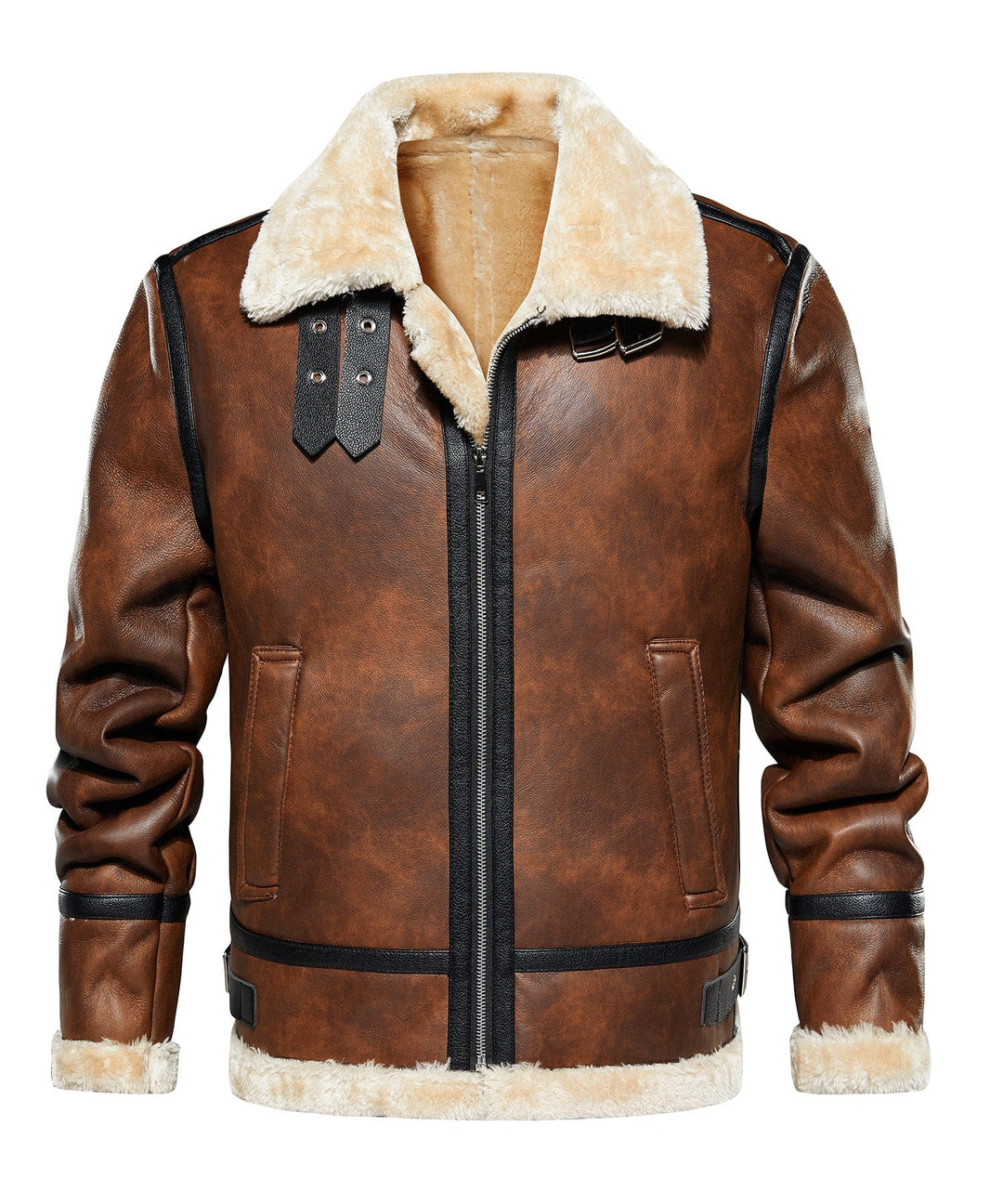 Close-up of rugged men's field jacket in brown, showcasing durable fabric and stitching.