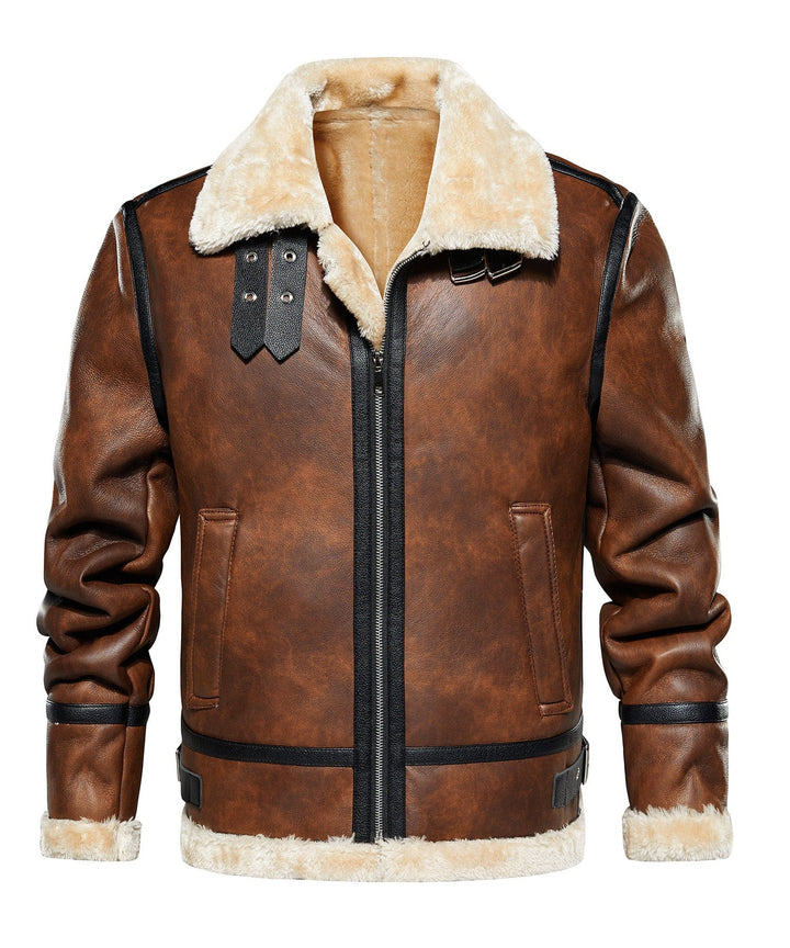 Close-up of rugged men's field jacket in brown, showcasing durable fabric and stitching.