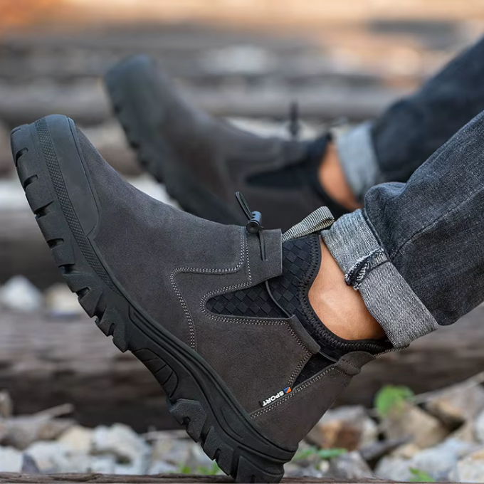 Side view of a men's slip-on steel-toe boot, black, sturdy & casual workwear