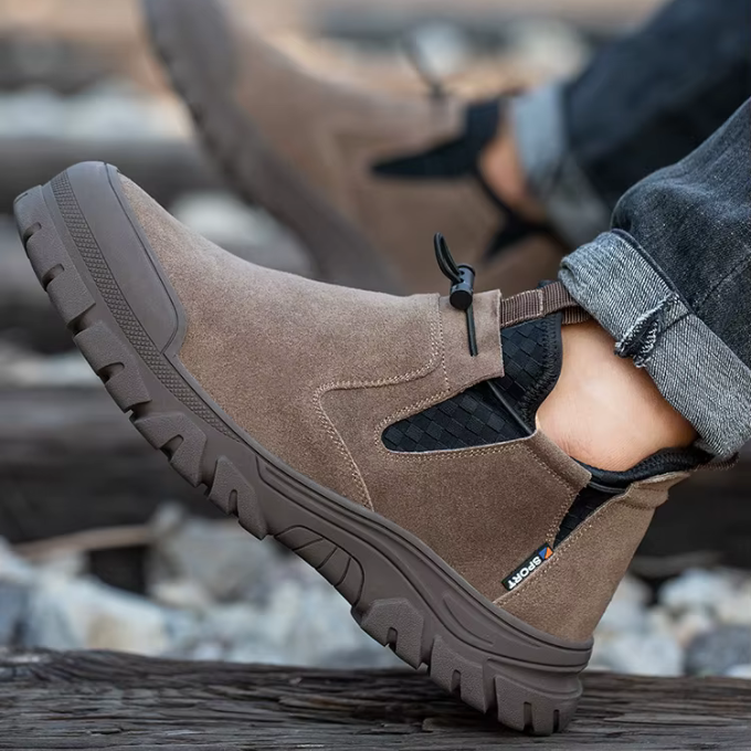 Detail of the steel toe cap on a men's rugged work boot, essential safety feature