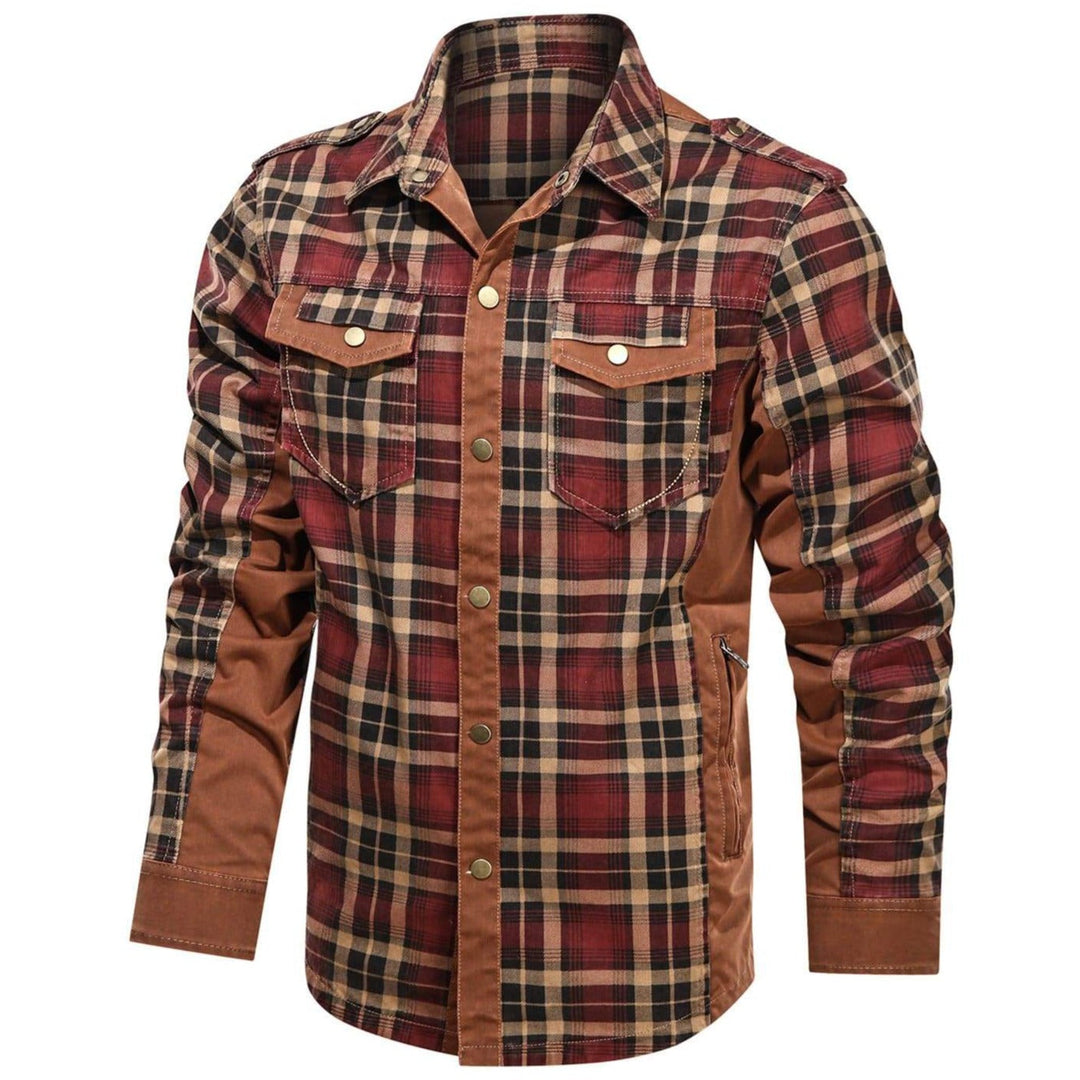 Men's long sleeve flannel shirt in a versatile brown and cream plaid, perfect for rugged casual outfits.