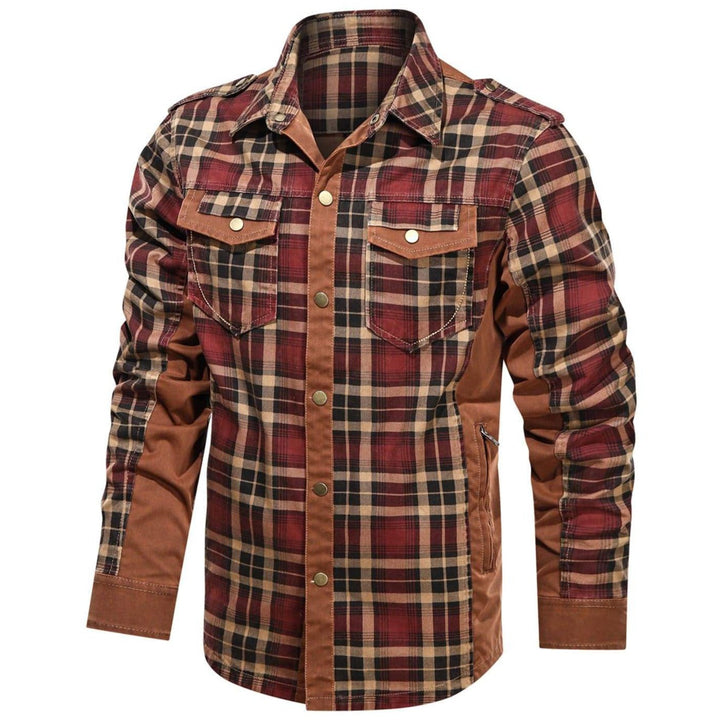 Men's long sleeve flannel shirt in a versatile brown and cream plaid, perfect for rugged casual outfits.