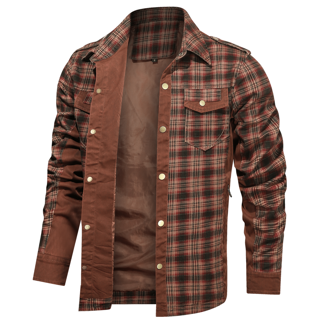 Back view of a men's button-down flannel shirt, highlighting its comfortable fit and durable cotton blend.