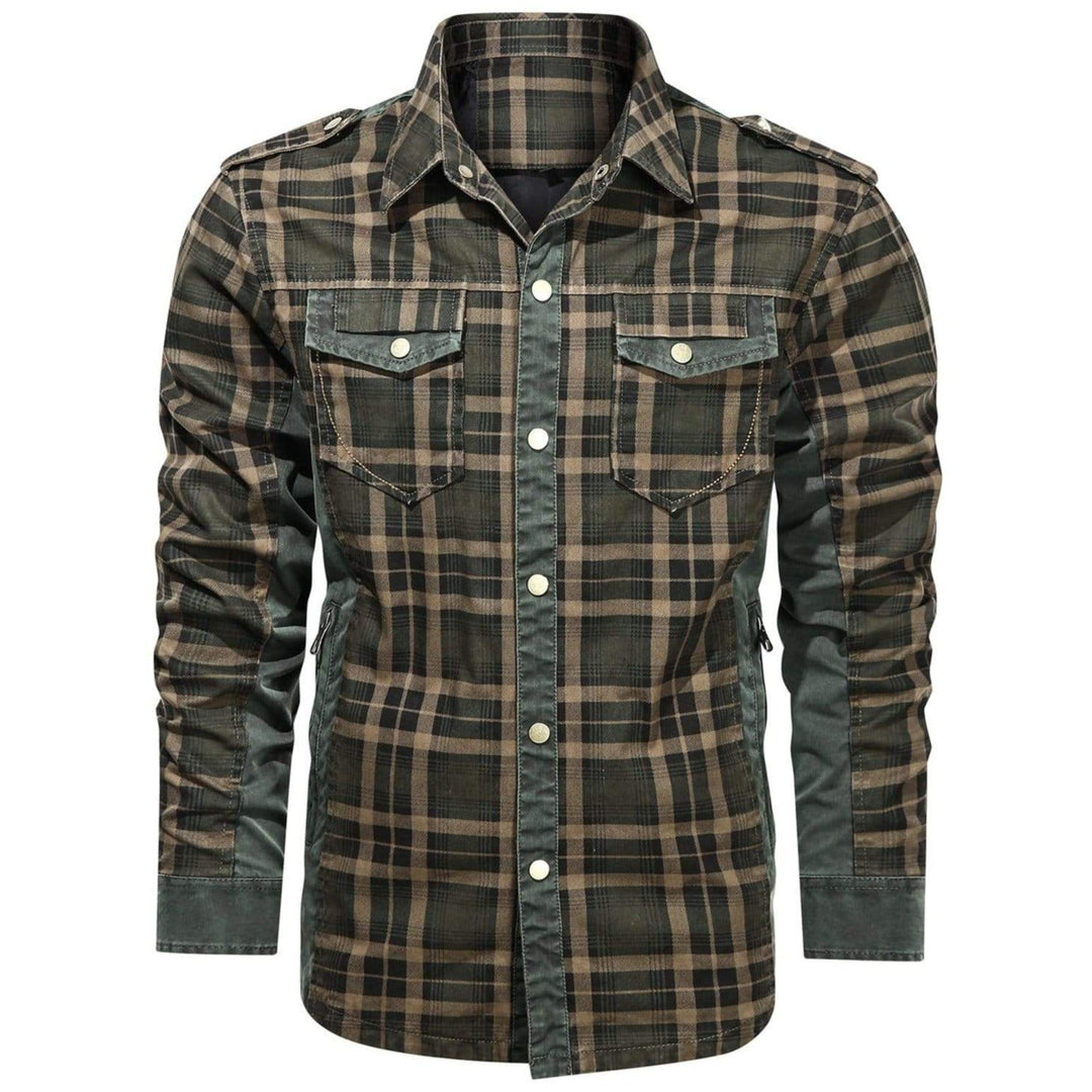 Close-up of a men's blue and grey plaid flannel long sleeve shirt, ideal for rugged outdoor activities.