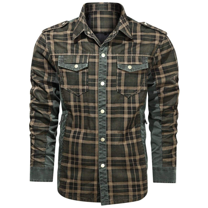 Close-up of a men's blue and grey plaid flannel long sleeve shirt, ideal for rugged outdoor activities.