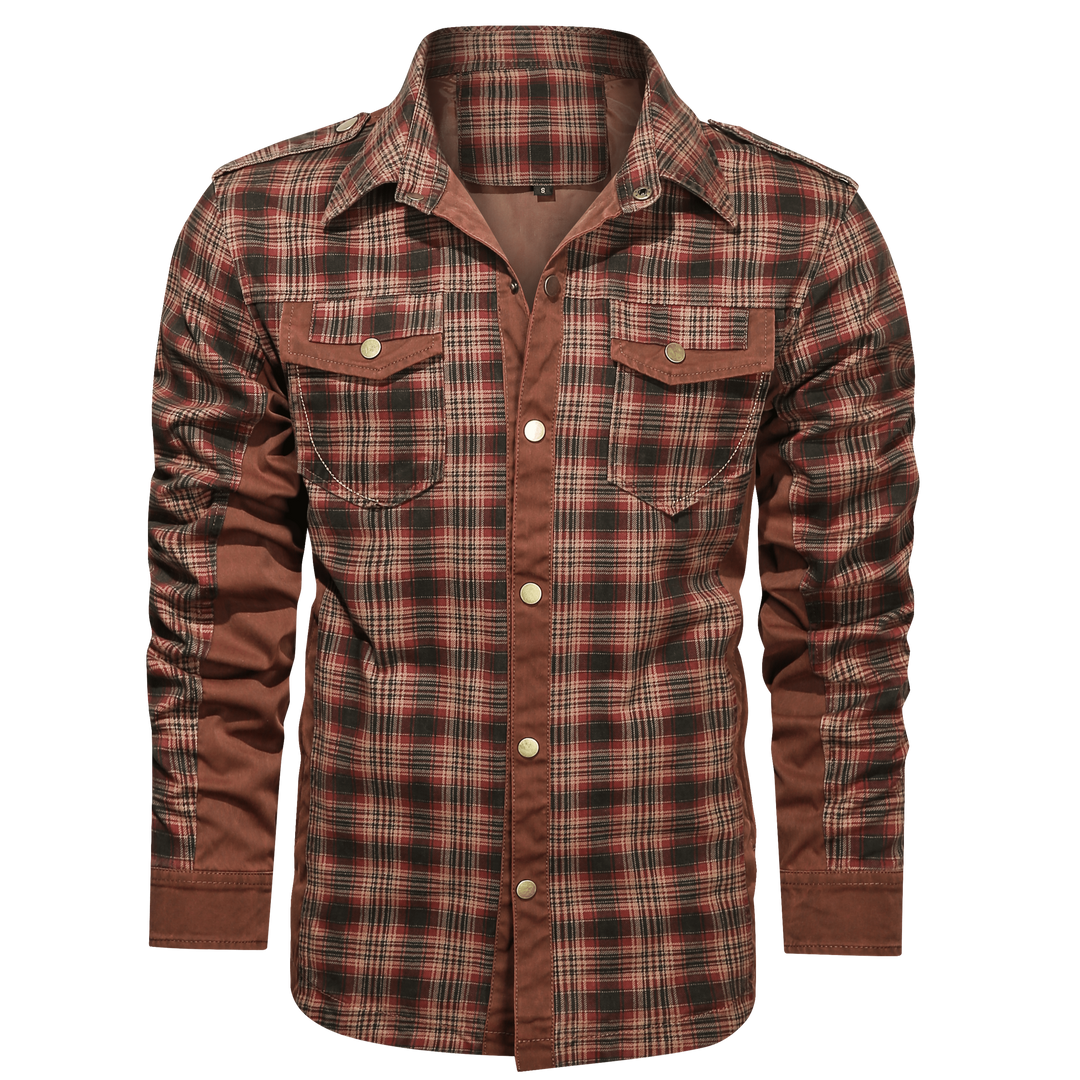 Front view of a men's classic plaid flannel button-down, durable cotton blend, perfect for outdoor adventures.