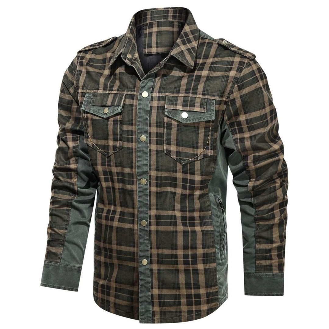Detail of the button closure and fabric texture on a men's rugged flannel shirt, long sleeve design.