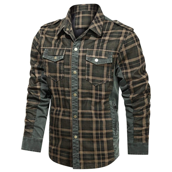 Detail of the button closure and fabric texture on a men's rugged flannel shirt, long sleeve design.