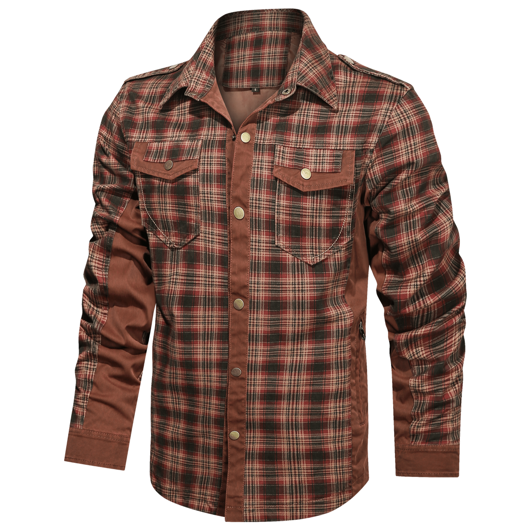Folded men's flannel button-down shirt, showcasing its soft cotton blend and classic plaid pattern.