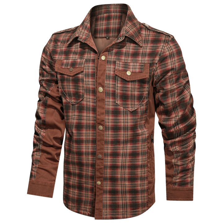Folded men's flannel button-down shirt, showcasing its soft cotton blend and classic plaid pattern.