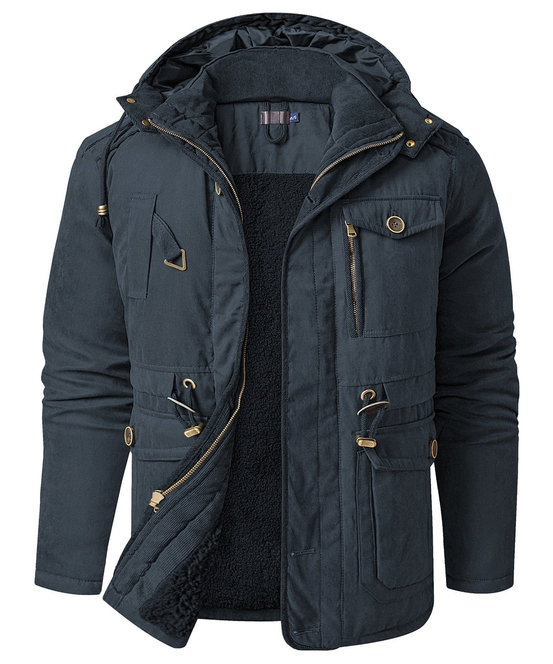 Close-up of the collar on a men's heavyweight work jacket, demonstrating warmth and ruggedness.