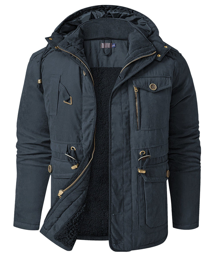 Close-up of the collar on a men's heavyweight work jacket, demonstrating warmth and ruggedness.