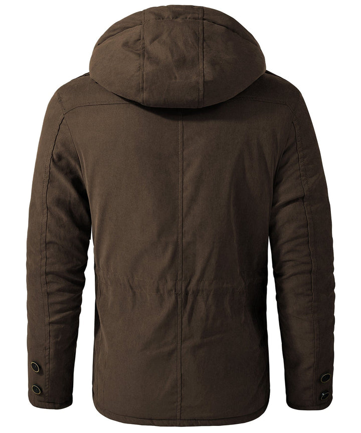 Texture shot of the durable outer shell of a men's heavyweight work jacket, built to last.