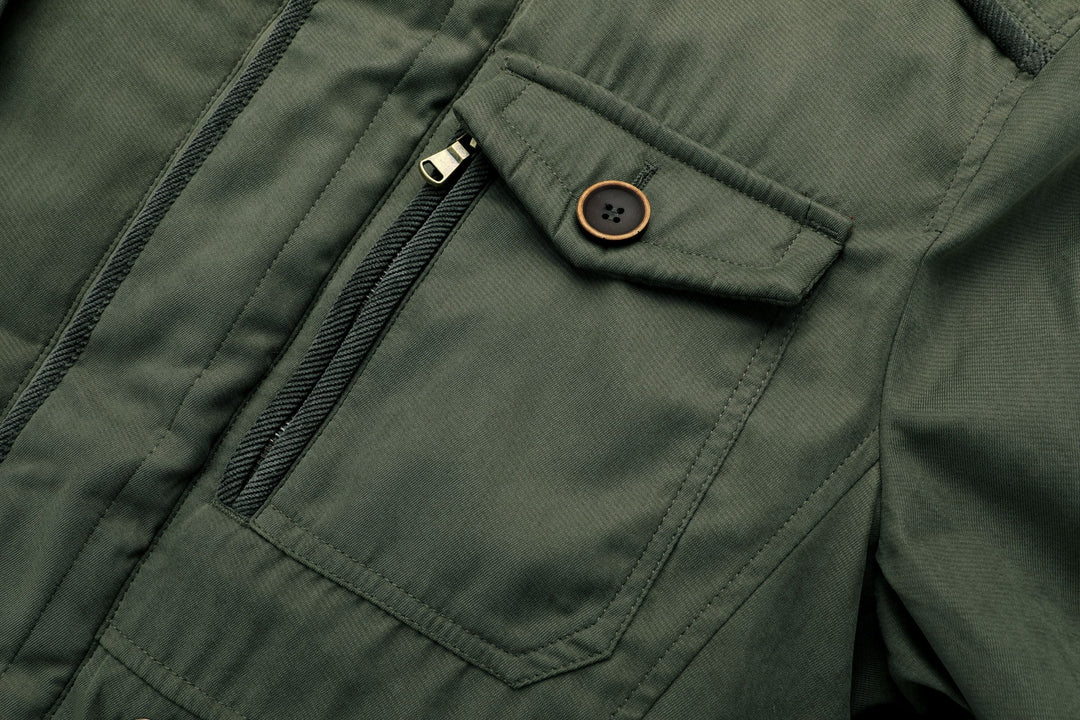 Inside view of the cozy fleece lining in a men's heavyweight work jacket, winter ready.