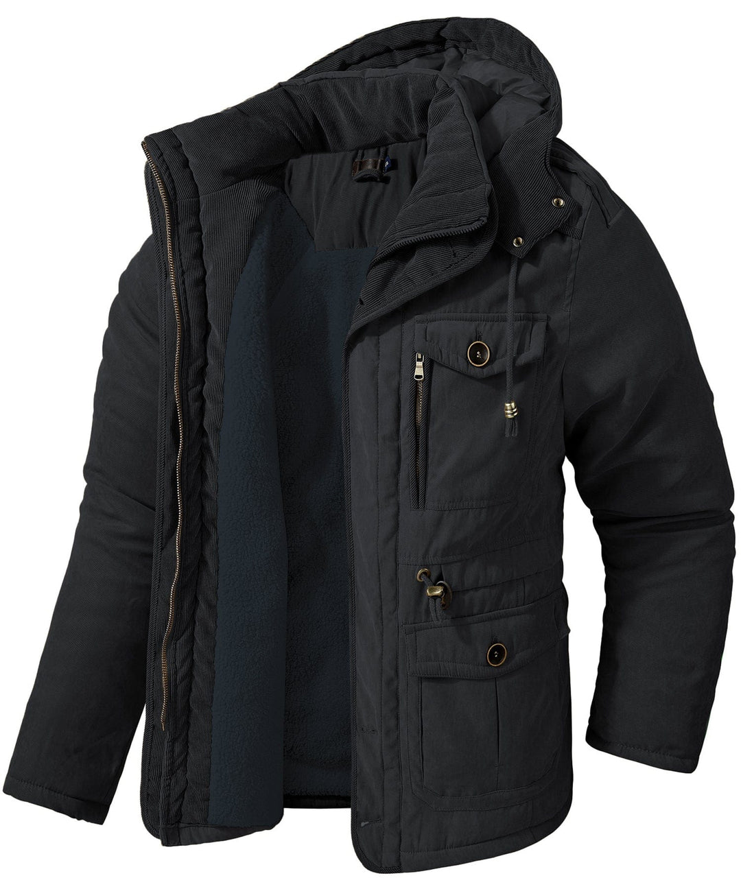 Close-up of a men's heavyweight work jacket, showing durable fabric and stitching, perfect for workwear.