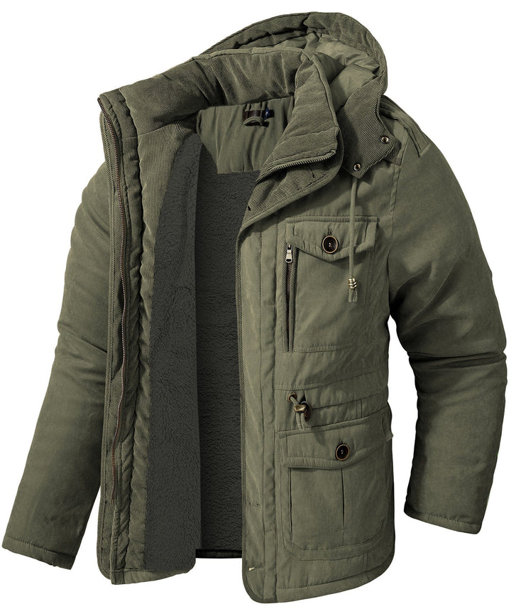 Full shot of a man wearing a rugged heavyweight work jacket, ideal for cold weather and outdoor work.