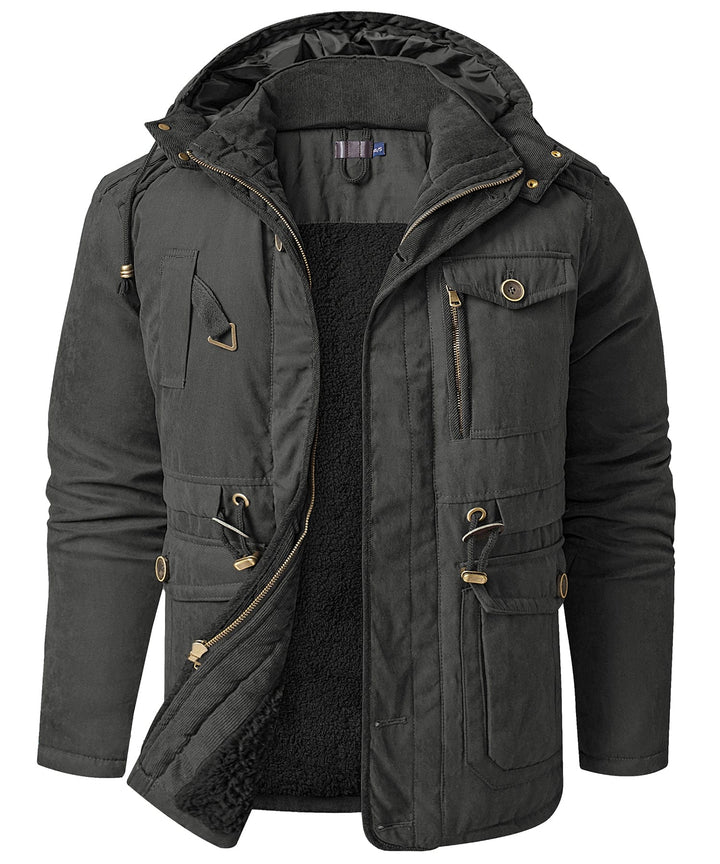 Close-up of the stitching on a men's heavyweight work jacket, showcasing craftsmanship.