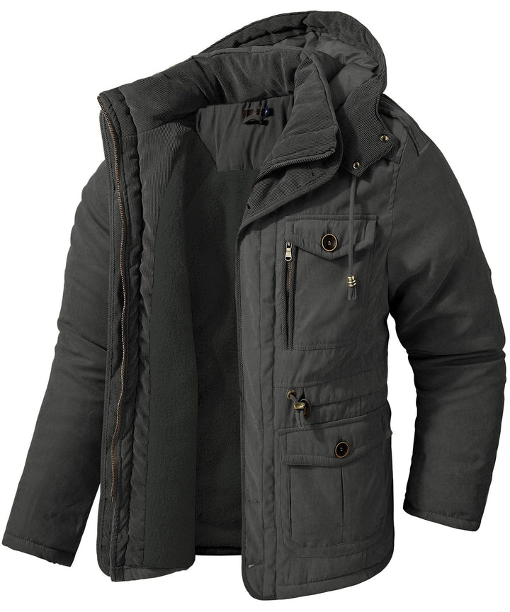 Detail of the fleece lining inside a men's heavyweight work jacket, providing warmth and comfort.