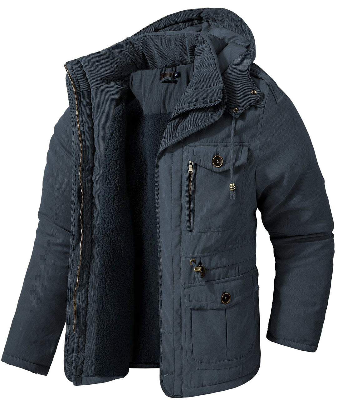 Front zipper detail on a men's rugged heavyweight work jacket, robust and dependable.