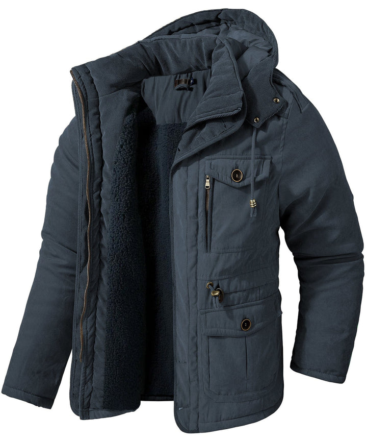 Front zipper detail on a men's rugged heavyweight work jacket, robust and dependable.