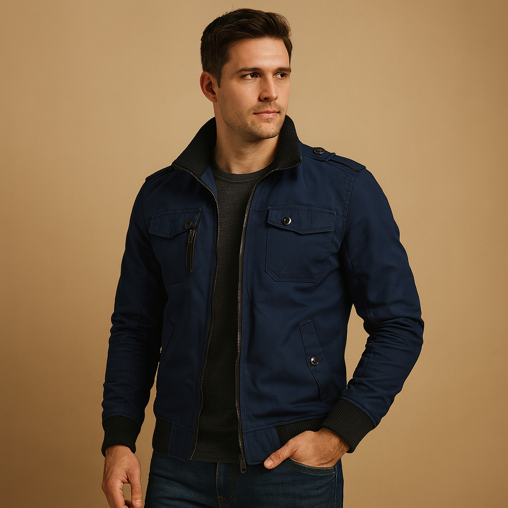 Men's rugged tactical bomber jacket, military style, durable multi-pocket outdoor wear.