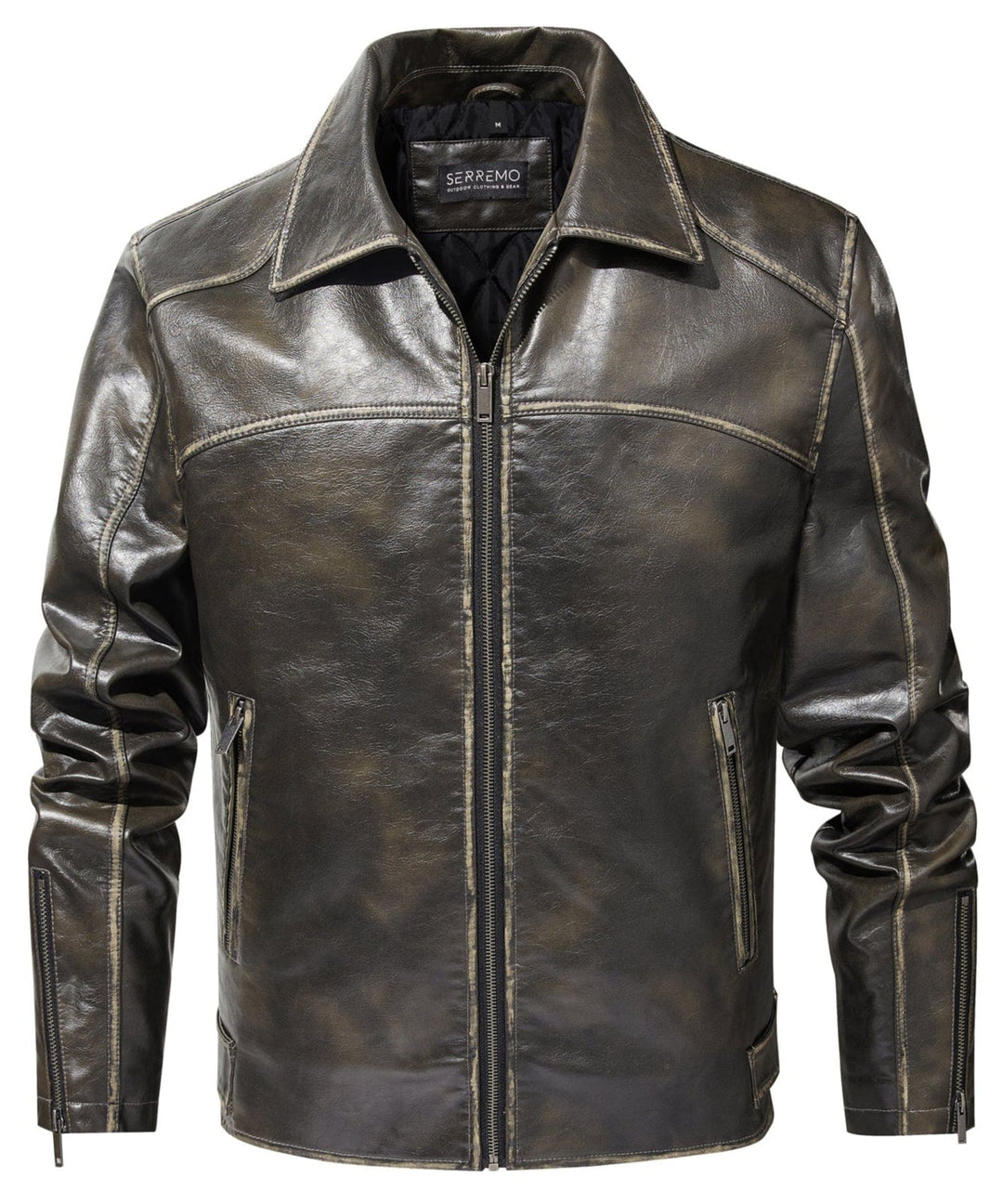 Back view of men's distressed faux leather jacket with rustic edge detailing