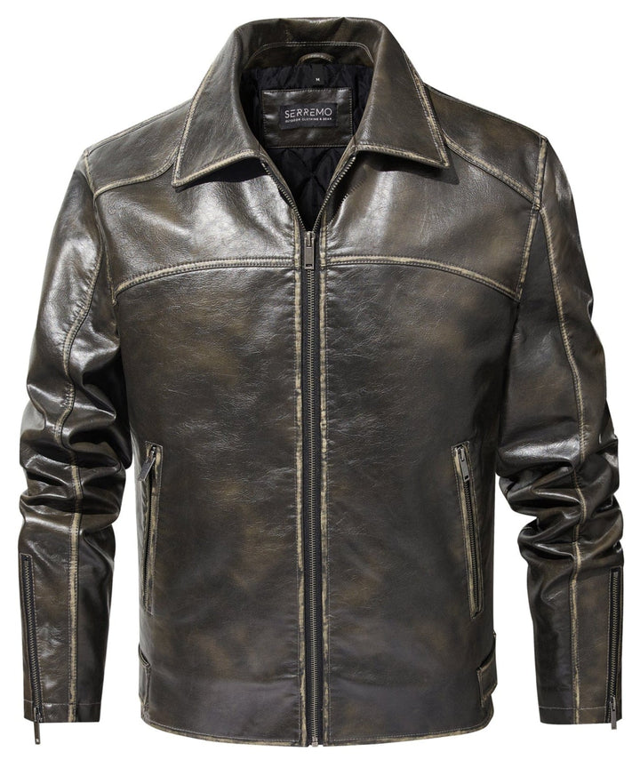 Back view of men's distressed faux leather jacket with rustic edge detailing