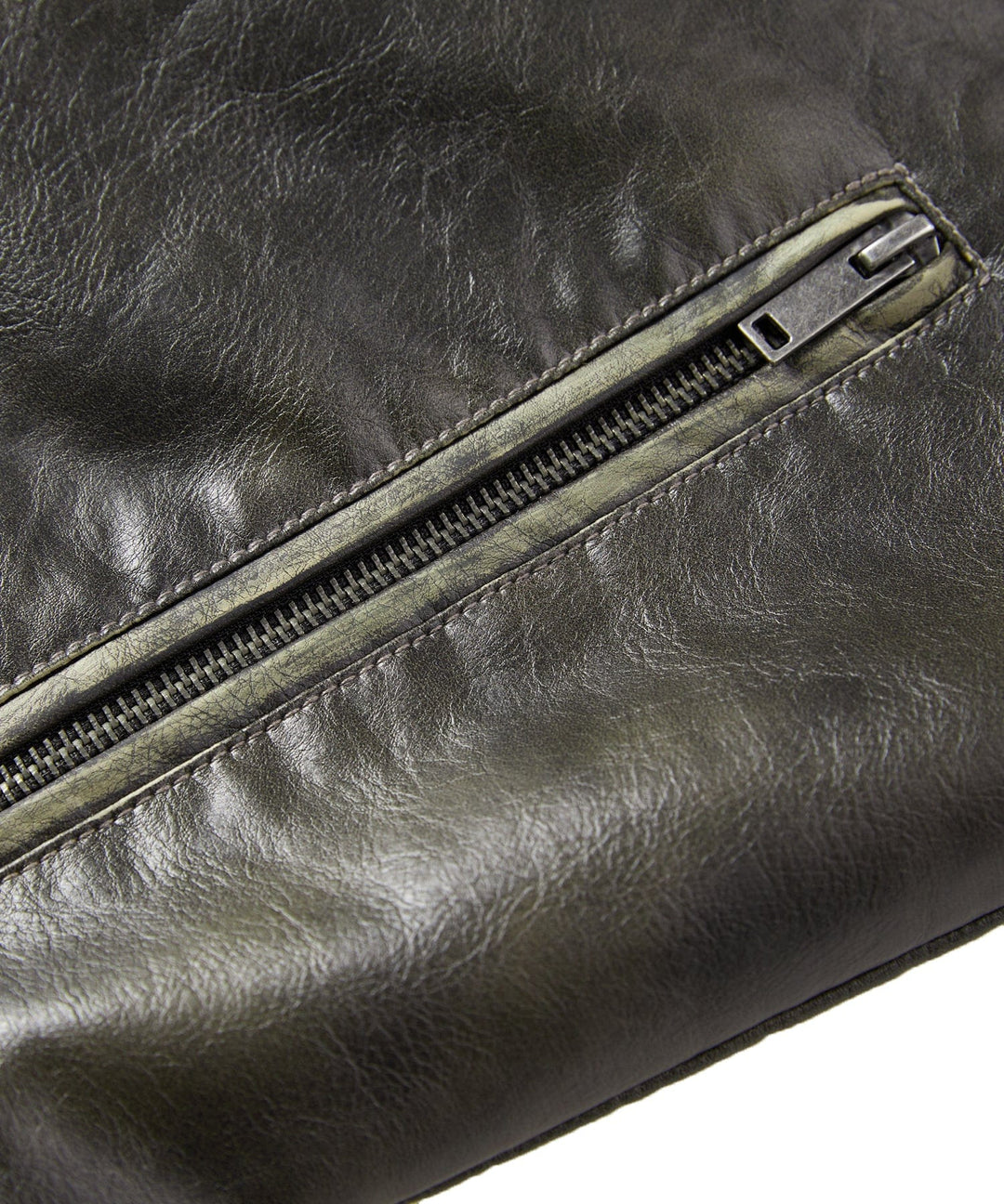 Side profile of men's rugged faux leather jacket, showcasing fit and collar style