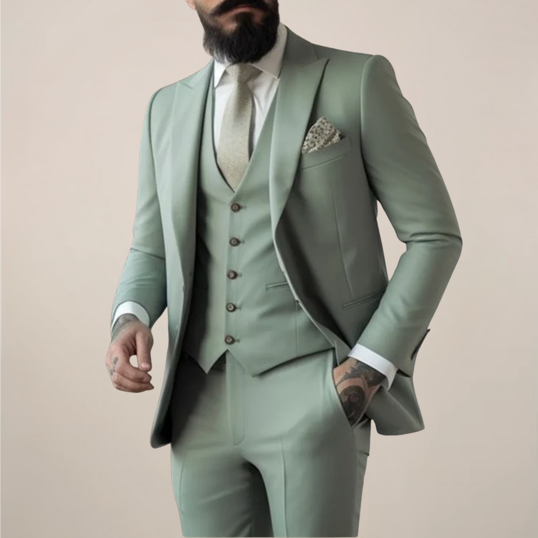 Men's sage green slim fit 3-piece suit. Ideal wedding, prom, or formal wear for special occasions.