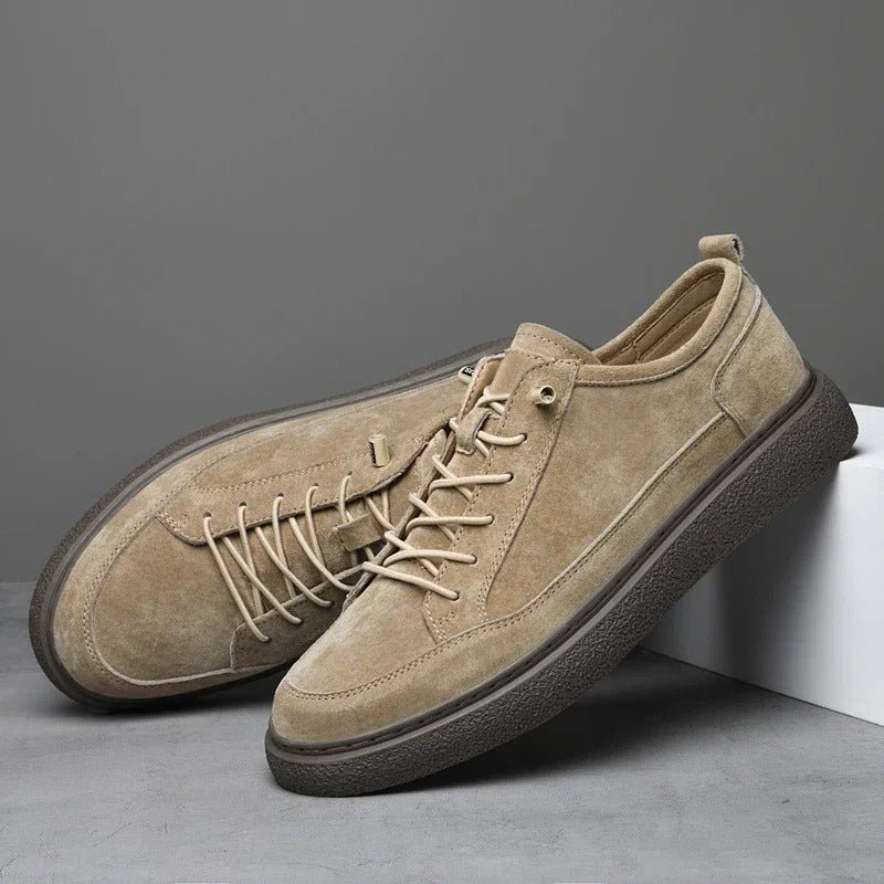 Everyday men's low-top sneakers in soft gray suede, versatile and stylish casual shoes.