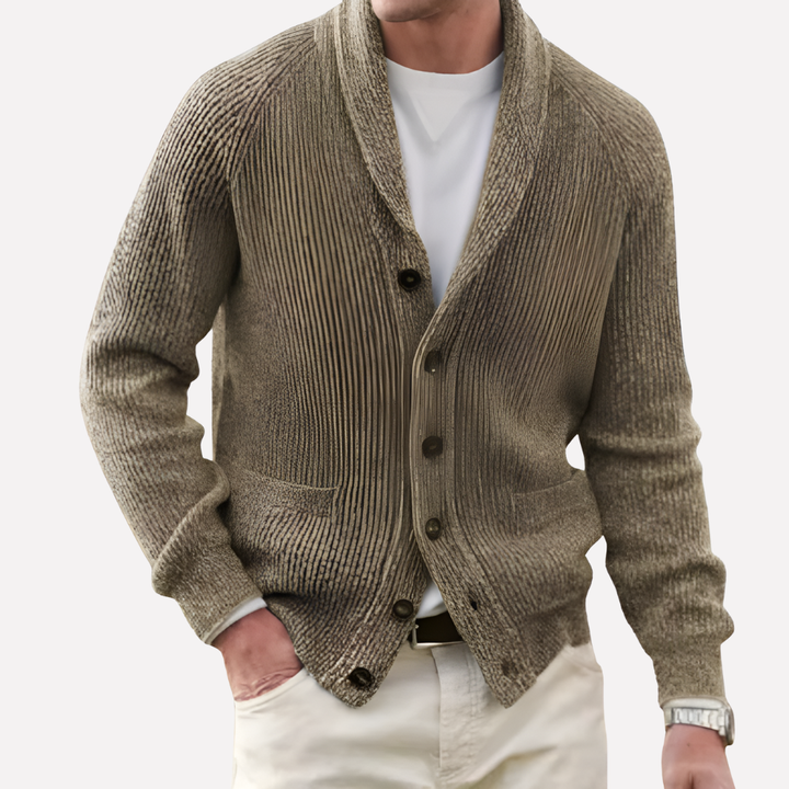 Comfortable men's knit cardigan featuring a stylish shawl collar & practical button-front closure.