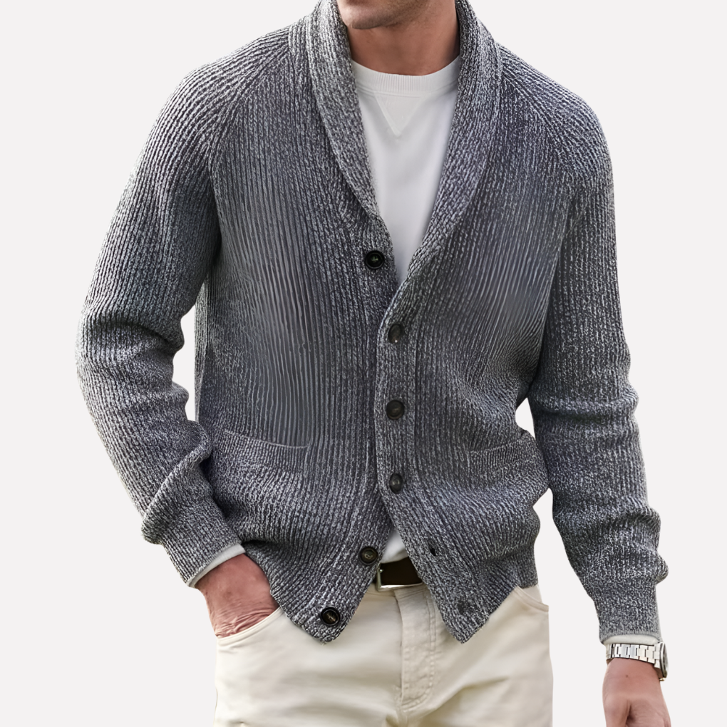 Stylish men's fall fashion knit sweater, shawl collar, button-front, a comfortable and classic layering piece.