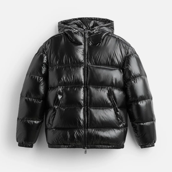 Stylish men's shiny hooded puffer jacket, a warm and fashionable winter coat