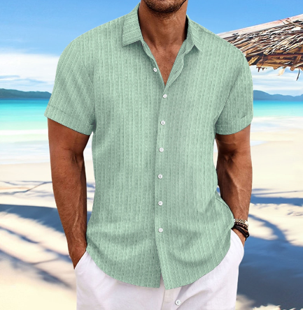 Men's collared short sleeve button down shirt. A relaxed fit, breathable top for casual summer fashion.