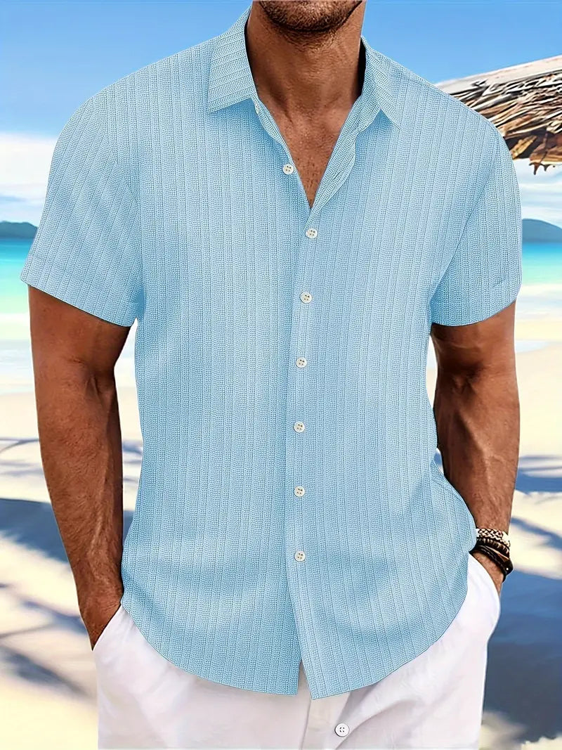 Breathable men's short sleeve button down shirt, great for comfortable casual wear in warm weather.