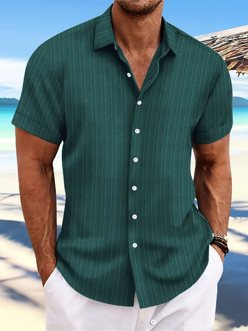 Casual men's short sleeve button down shirt. Breathable collared top with a relaxed fit for men.