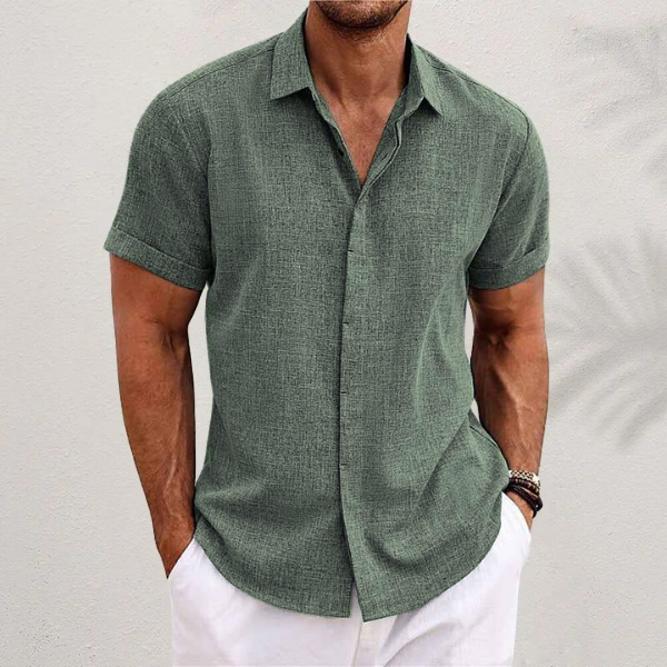 Versatile men's casual short sleeve button-down for summer, great for everyday or beach outings.