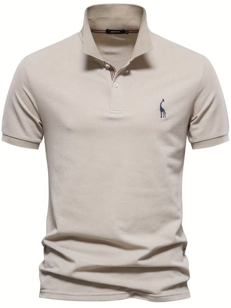 Front view of men's short sleeve golf polo shirt with a playful embroidered giraffe. Essential men's casual wear.