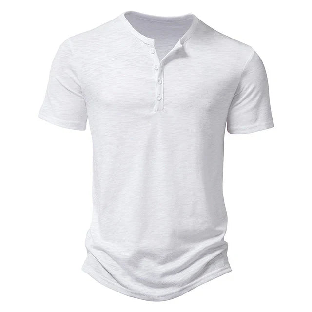 Versatile men's short sleeve Henley t-shirt, ideal for casual wear, summer fashion & everyday comfort.