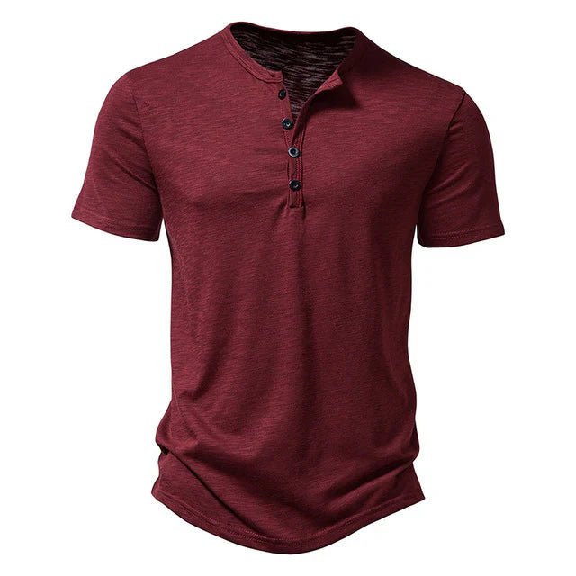 Men's everyday comfort short sleeve Henley t-shirt. Classic henley buttons, soft fabric for summer fashion.