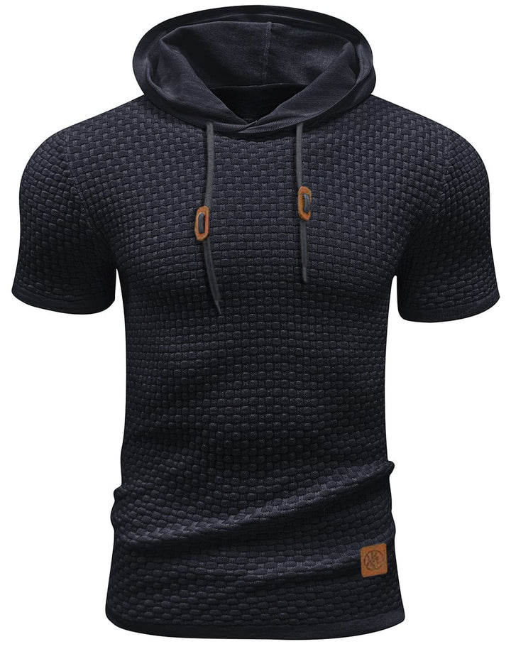 Men's short sleeve hoodie pullover in polyester, perfect for summer activewear, front view
