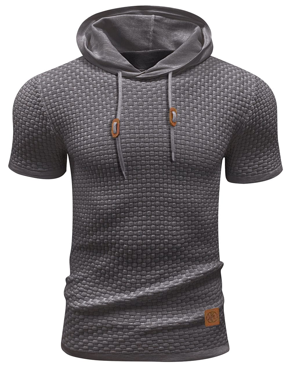 Polyester men's short sleeve hoodie, ideal for summer, shown in a relaxed fit