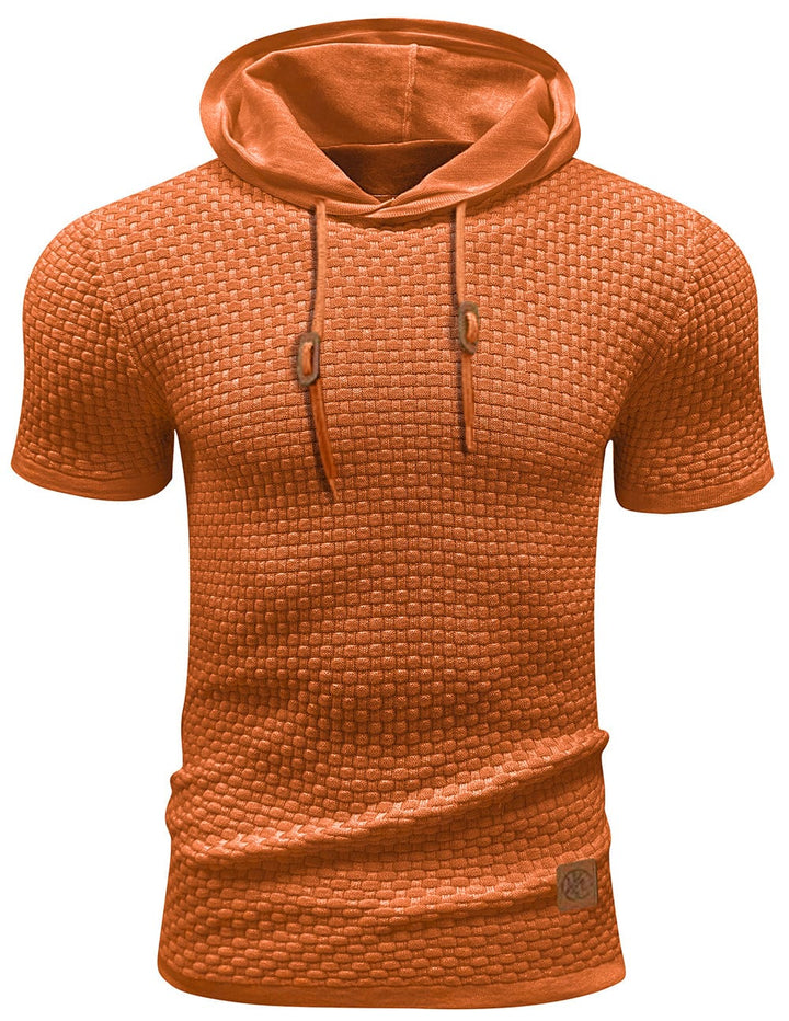 Men's short sleeve activewear hoodie, pullover style, excellent for outdoor activity