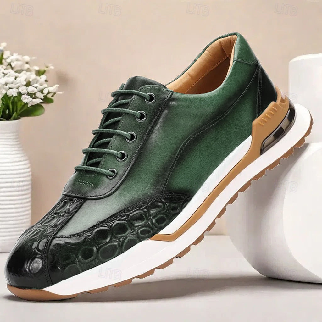 Cushioned green men's orthopedic sneakers, sleek design for casual everyday comfort.