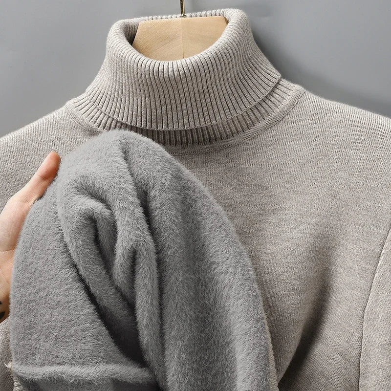 Warm men's winter turtleneck sweater, a sleek top for elevated cold weather style, comfort, & fashion.