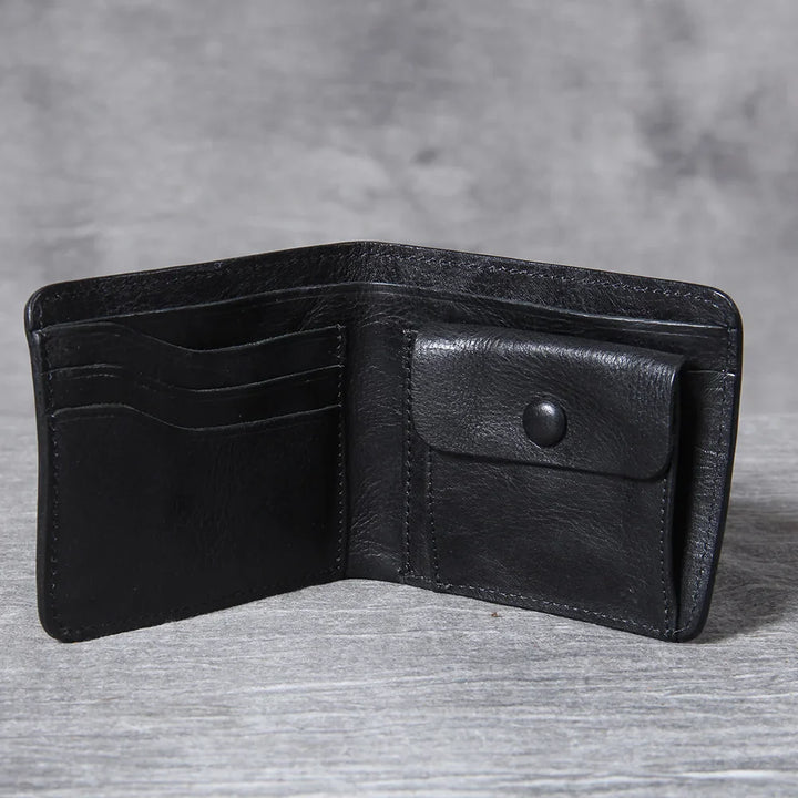 Detailed stitching on a men's genuine leather slim bifold wallet.
