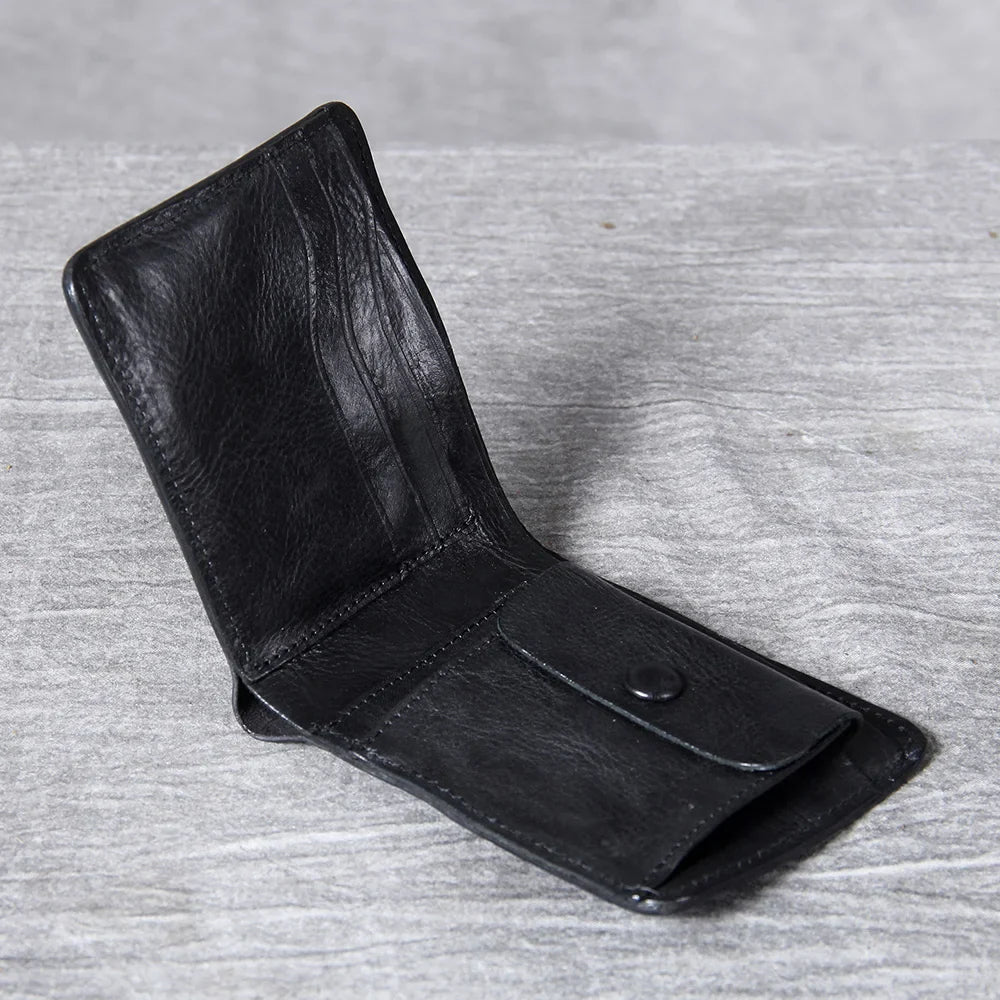 Stylish men's accessory: a dark brown slim bifold leather wallet on a neutral background.