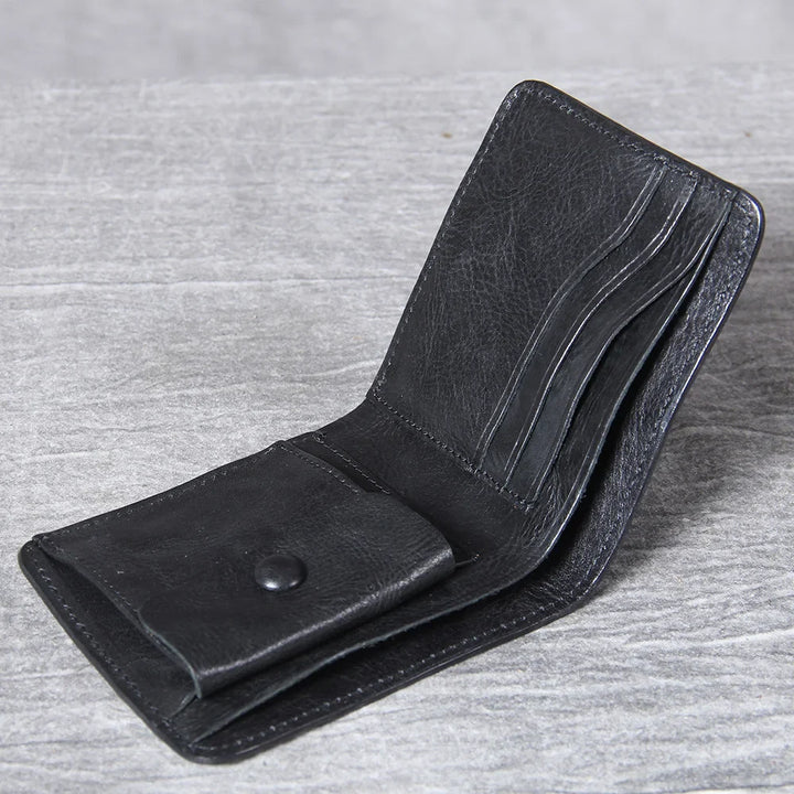 Compact men's bifold leather wallet, ideal for front pocket carry.